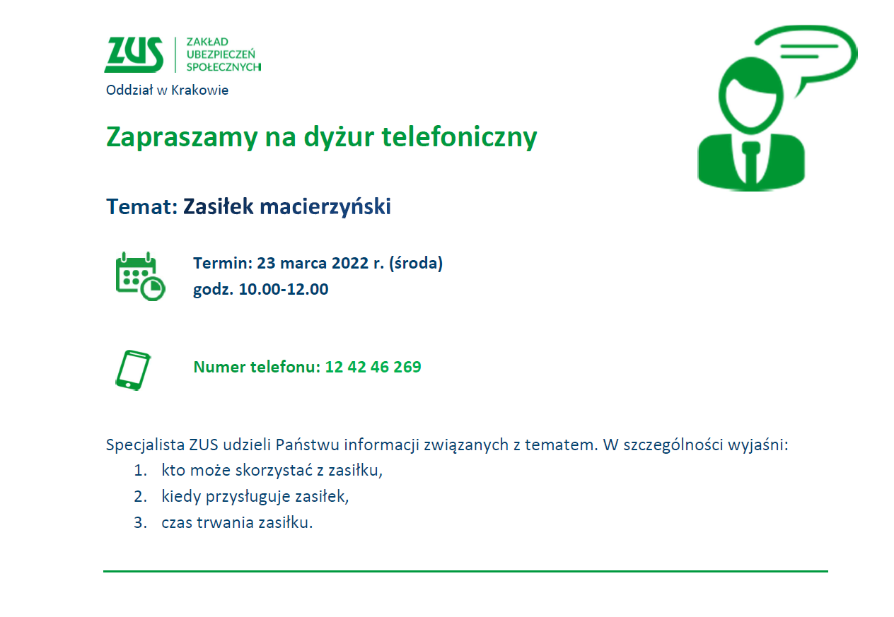 Dyżur Telefoniczny eksperta ZUS- 23 marca 2022 r. temat: zasiłek macierzyński