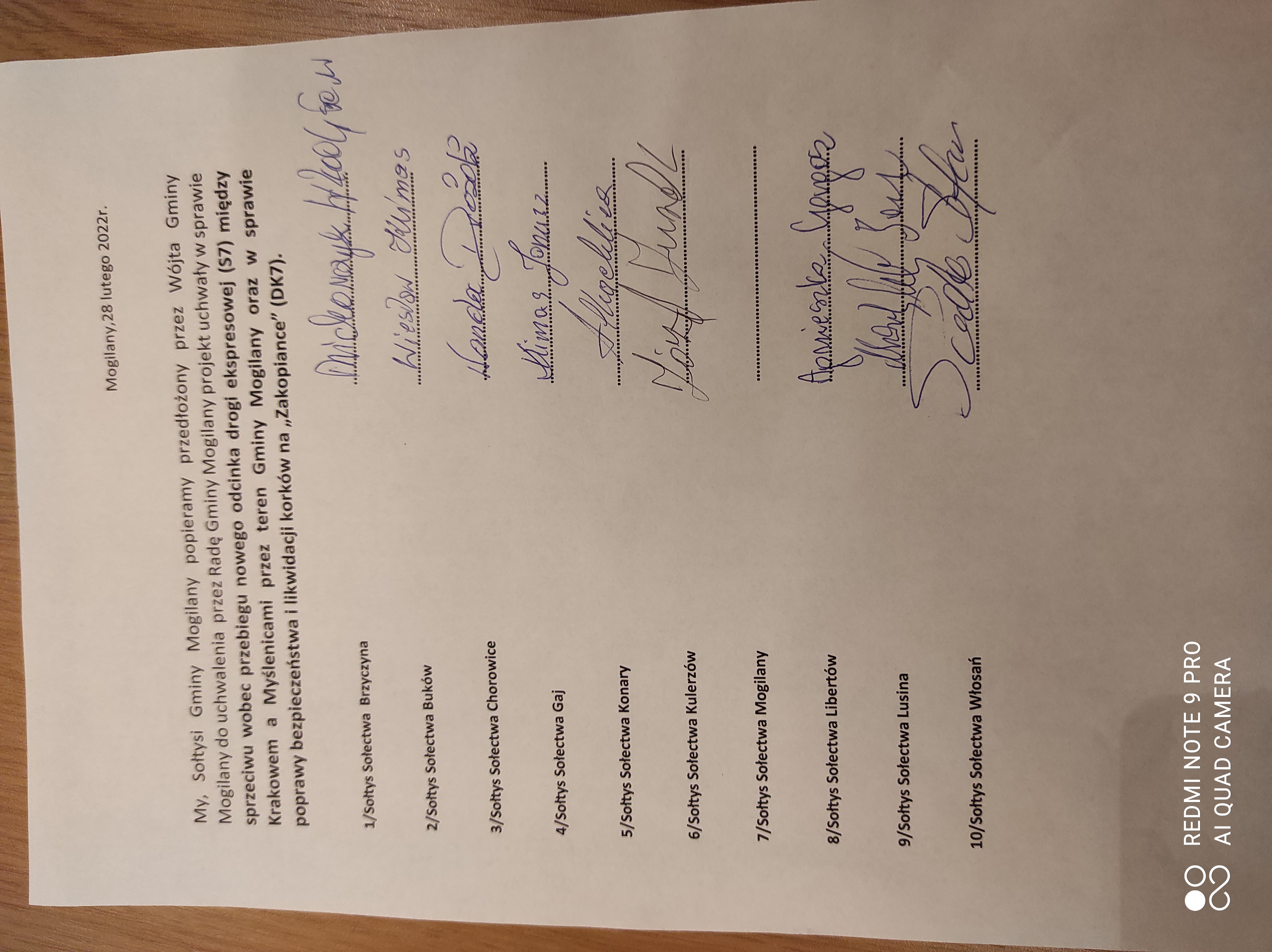 Podpisy sołtysów pod rezolucją 