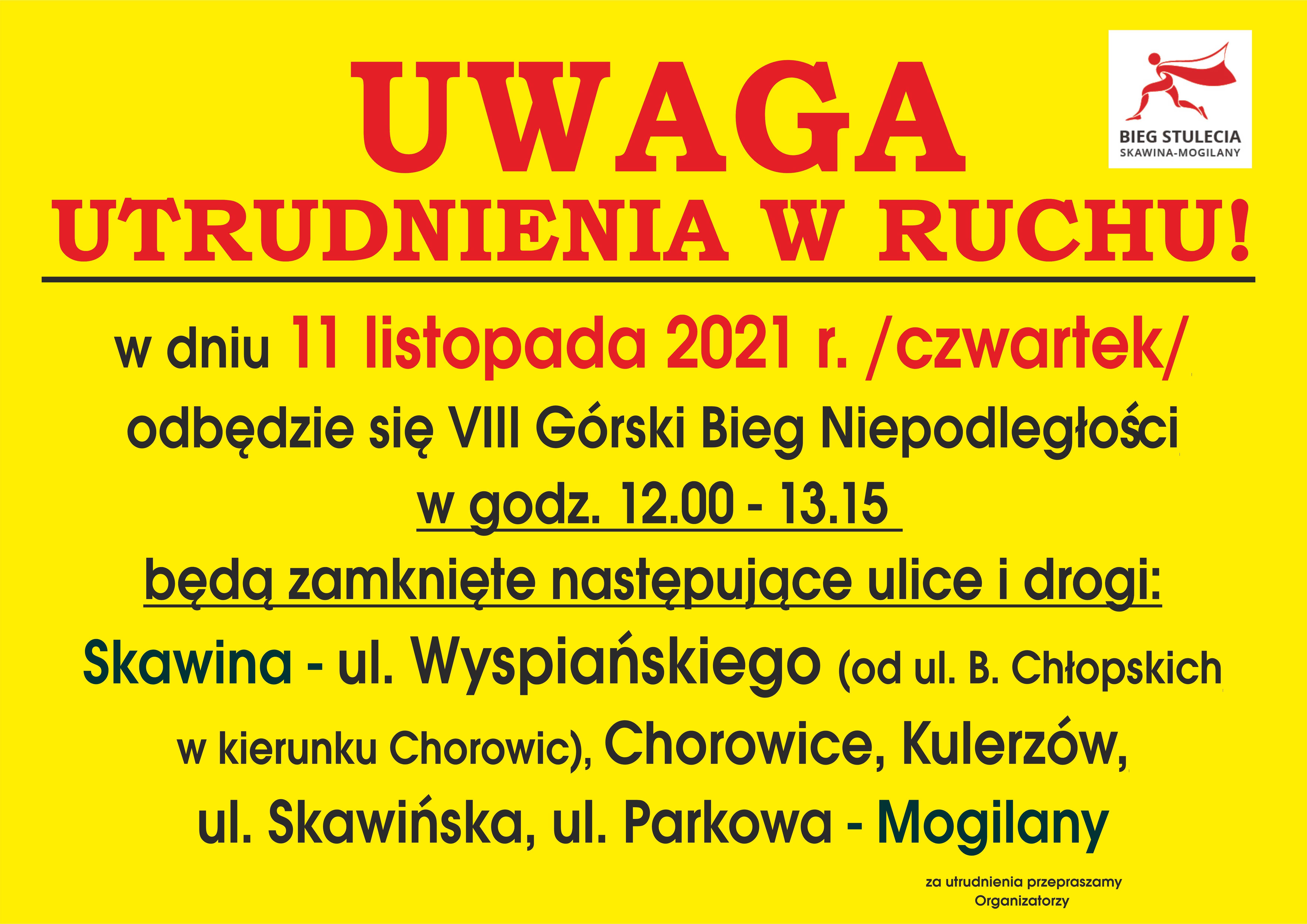  VIII Górski Bieg Niepodległości Skawina - Mogilany - utrudnienia w ruchu 
