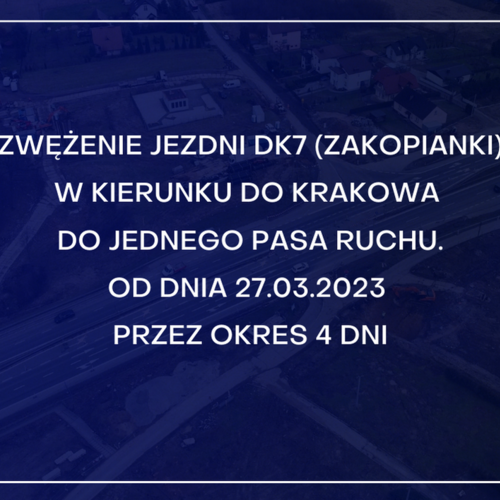 Obraz główny aktualności o tytule Zwężenie pasa ruchu w kierunku krakowa na DK7 