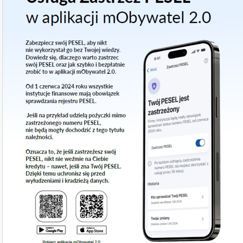 Obraz główny aktualności o tytule Udostępnienie przez Ministerstwo Cyfryzacji usługi Zastrzeż PESEL w serwisie mObywatel.gov.pl oraz w aplikacji mObywatel 2.0 