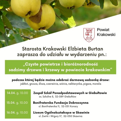Obraz główny aktualności o tytule Starosta Krakowski Elżbieta Burtan zaprasza do udziału w wydarzeniu pn.:  „Czyste powietrze i bioróżnorodność sadzimy drzewa i krzewy w powiecie krakowskim” 