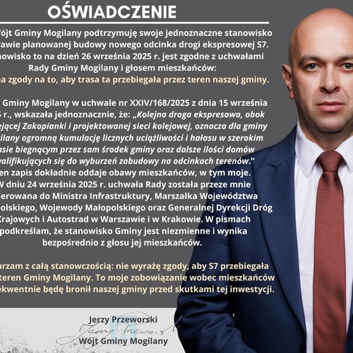 Obraz główny aktualności o tytule Oświadczenie Wójta Gminy Mogilany w sprawie planowanej budowy nowego odcinka drogi ekspresowej S7 