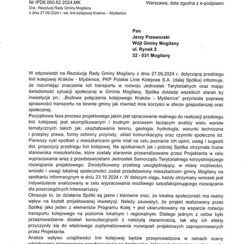 Obraz główny aktualności o tytule Odpowiedź PKP PLK S.A. na rezolucję Rady Gminy Mogilany z dnia 27.09.2024 r. 