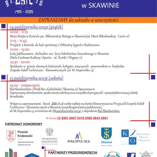 Obraz główny aktualności o tytule 100-LECIE SZKOLNICTWA ZAWODOWEGO W SKAWINIE 