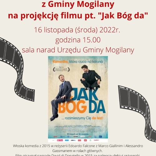 Obraz główny aktualności o tytule Zaproszenie na projekcję filmu pt.,,Jak Bóg da" 