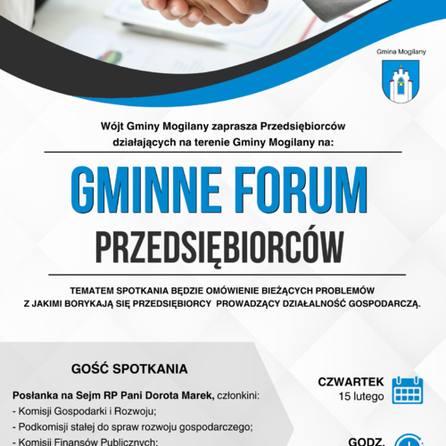 Obraz główny aktualności o tytule Wójt Gminy Mogilany zaprasza Przedsiębiorców działających na terenie Gminy Mogilany na „Gminne Forum Przedsiębiorców”. 