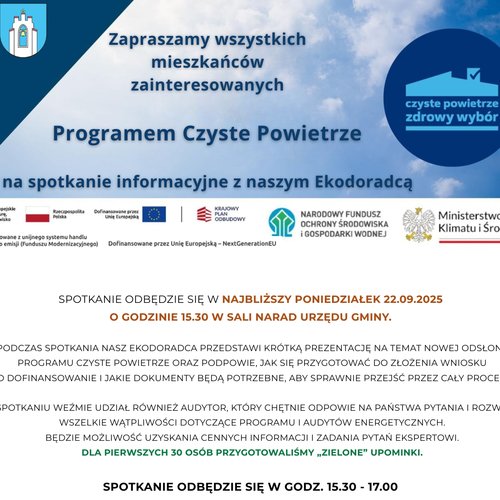 Obraz główny aktualności o tytule Zapraszamy wszystkich mieszkańców Gminy Mogilany zainteresowanych Programem Czyste Powietrze na spotkanie informacyjne z naszym Ekodoradcą 