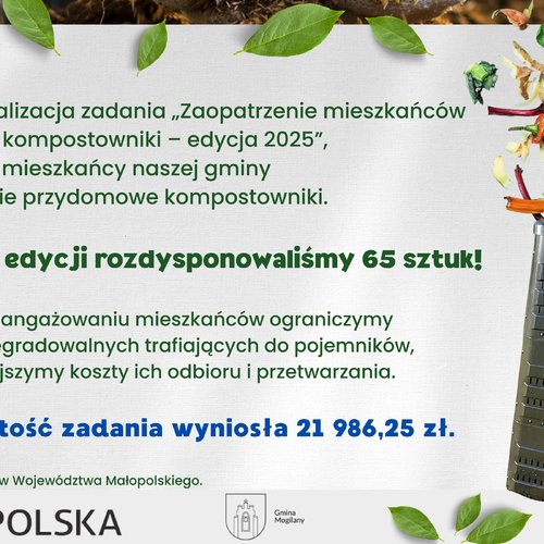 Obraz główny aktualności o tytule Dobiegła końca realizacja zadania "Zaopatrzenie mieszkańców Gminy Mogilany w kompostowniki - edycja 2025" 