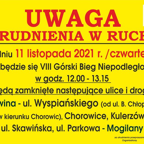 Obraz główny aktualności o tytule VIII Górski Bieg Niepodległości Skawina - Mogilany - utrudnienia w ruchu 