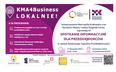 Obraz główny aktualności o tytule SPOTKANIE INFORMACYJNO-DORADCZE - KMA4BUSINESS LOKALNIE 